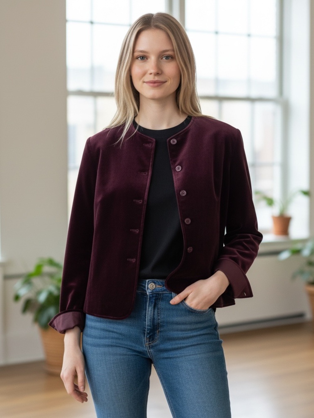 Women's Velvet Button-Front Blazer in Deep Wine